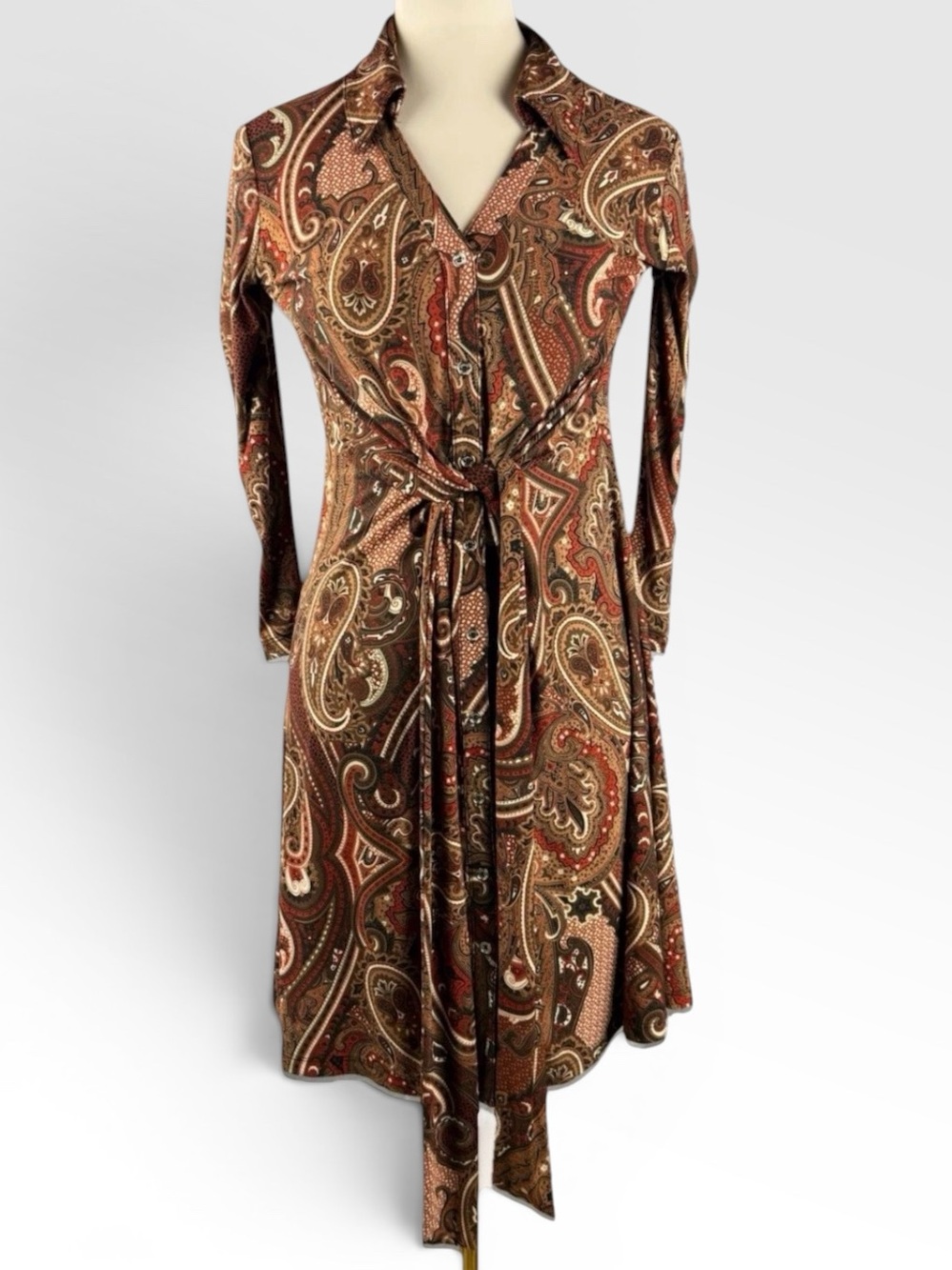 Tommy Hilfiger Brown Paisley Long-Sleeve Wrap Dress